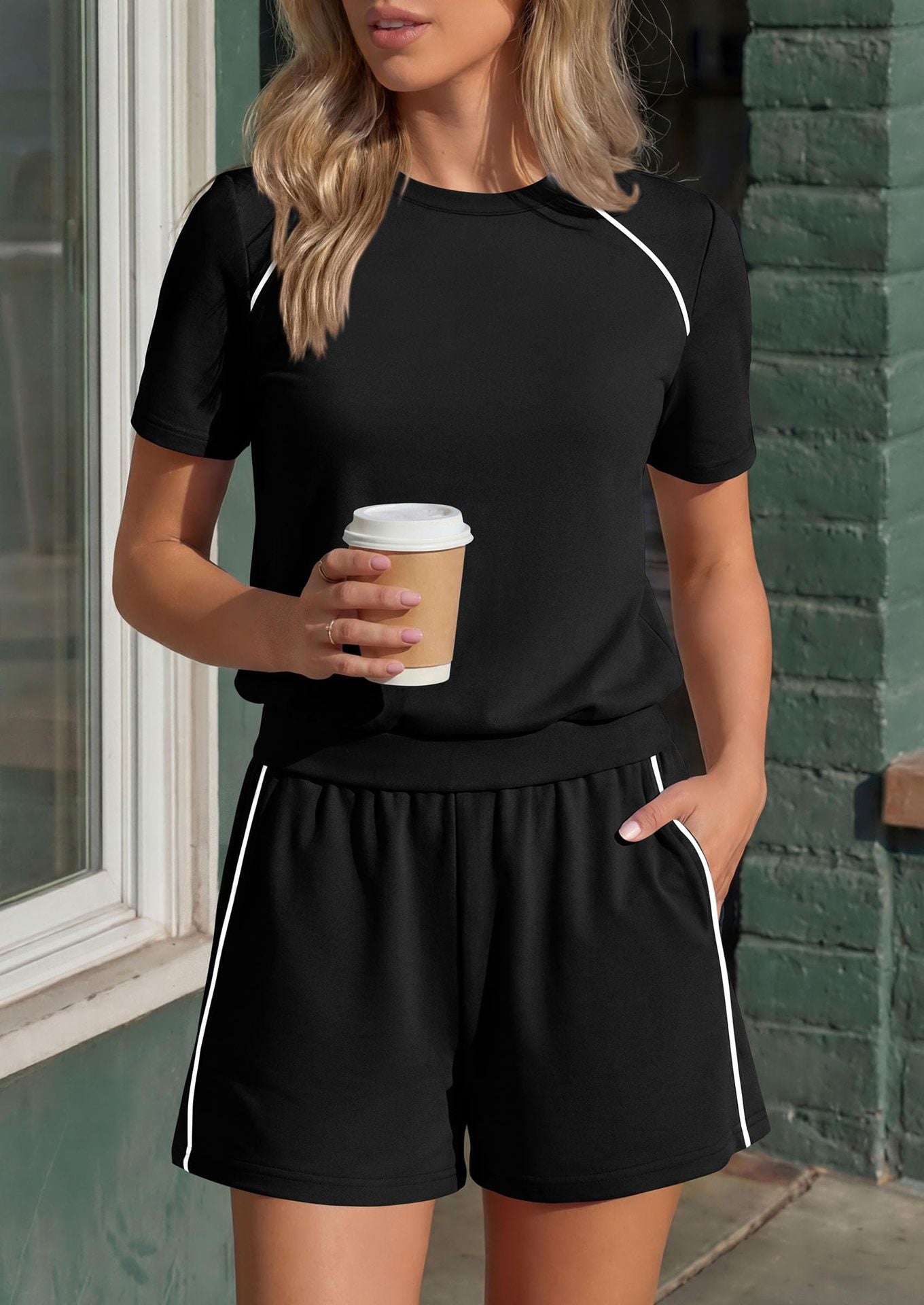Athletic Lounge Set Contrast Trim Shorts 2 Piece Outfit
