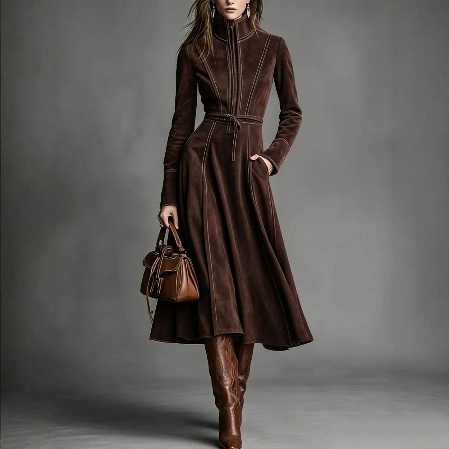 Vintage Faux Suede Long Sleeve Belted Zip Front Maxi Dress