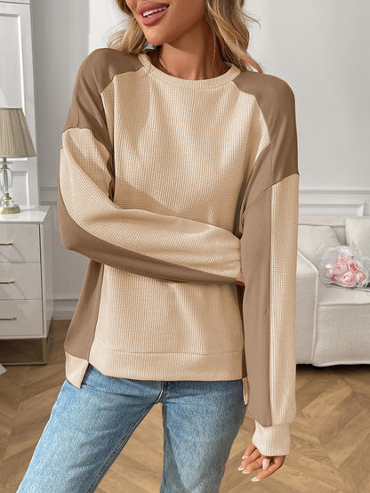Color Block Waffle Knit Long Sleeve Pullover Top