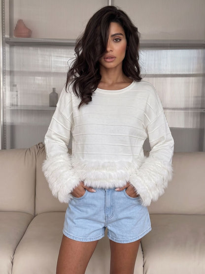 Women's Ribbed Faux Fur Cuff Oversized Sweater