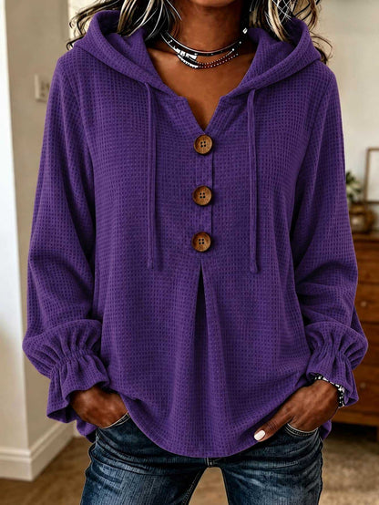 Waffle Knit Hooded Henley V Neck Long Sleeve Top