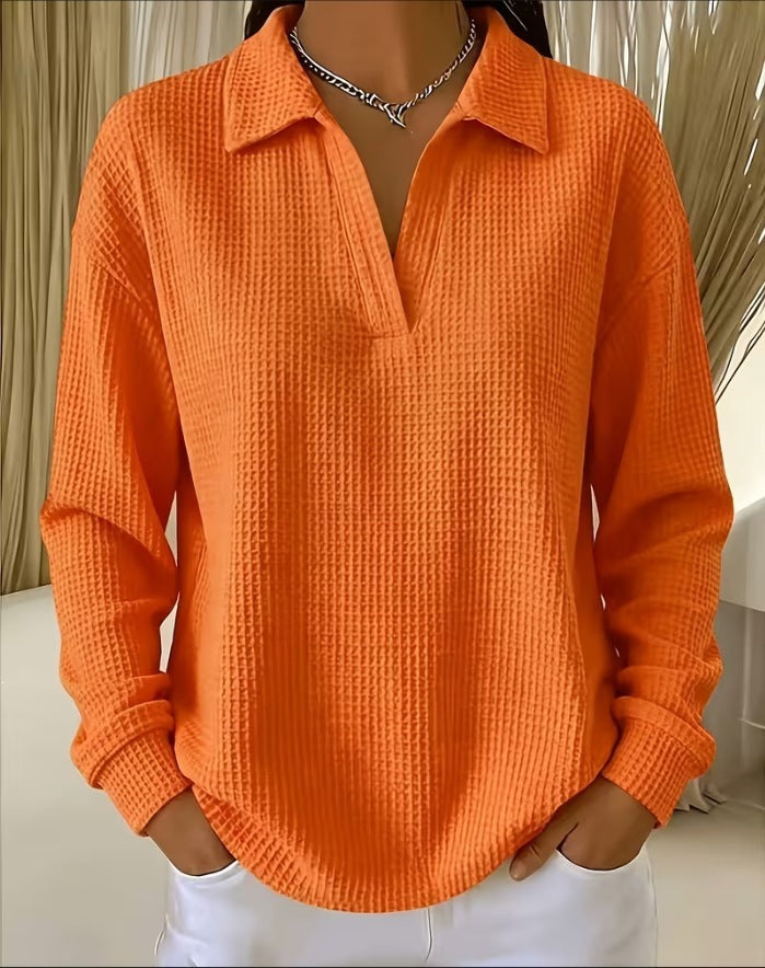 Waffle Knit Collared V Neck Long Sleeve Oversized Tunic Top