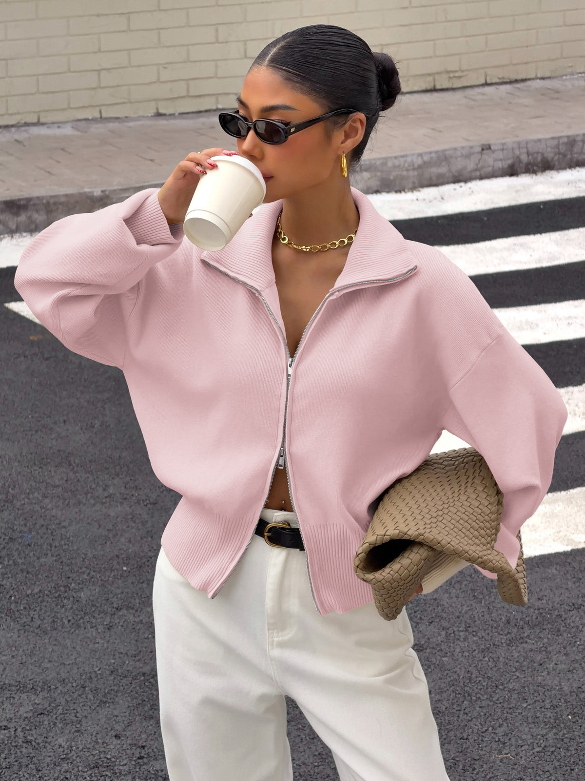 Women's Zip Up Knit Jacket Long Sleeve Casual Cardigan