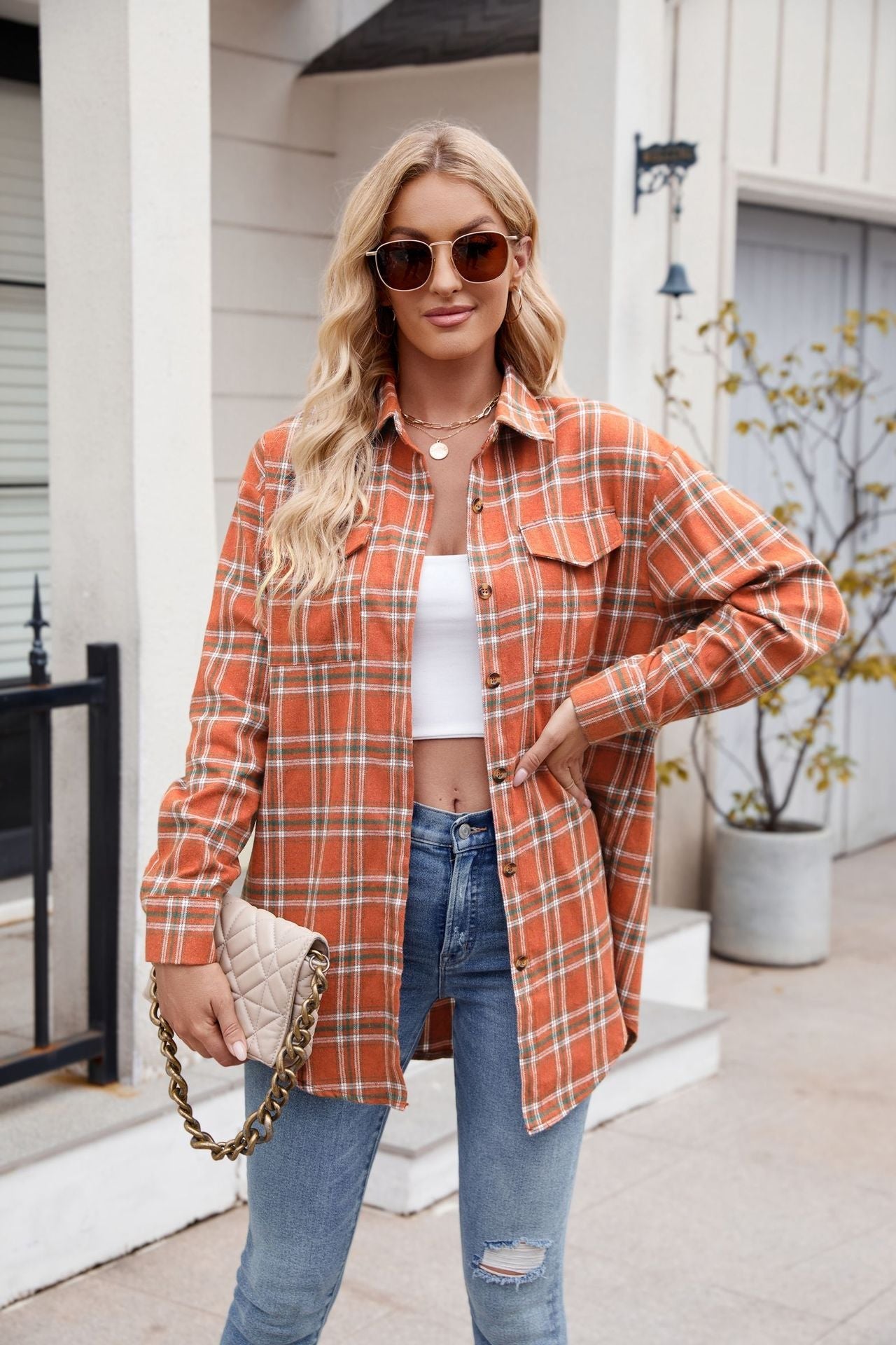 Women’s Casual Plaid Shirt with Pockets Loose Fit Fashion Top