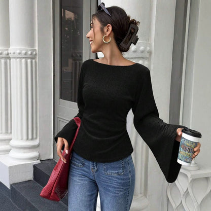 Ribbed Knit Bell Sleeve Fitted Long Sleeve Top