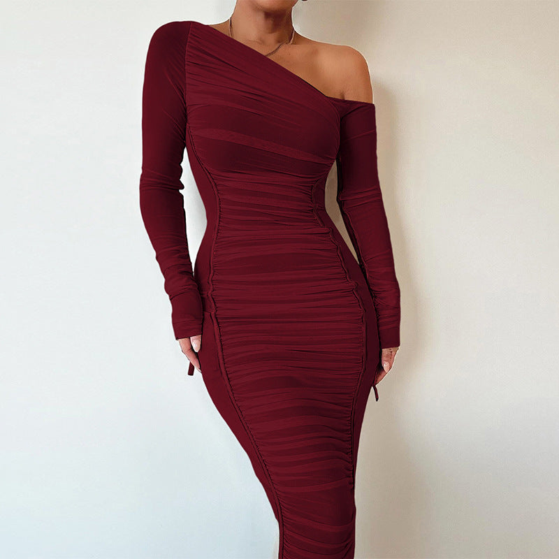 One Shoulder Ruched Mesh Bodycon Midi Dress Long Sleeve