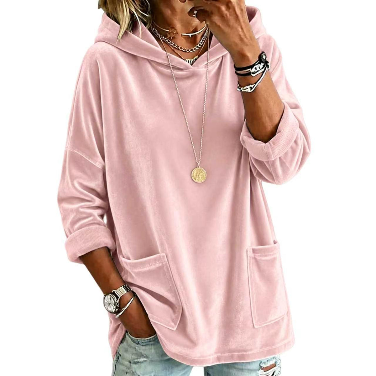 Women's Velvet Hoodie Batwing Sleeve Oversized Pullover