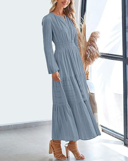 Women's V-Neck Long Sleeve Tiered Maxi Smocked Cotton Dress