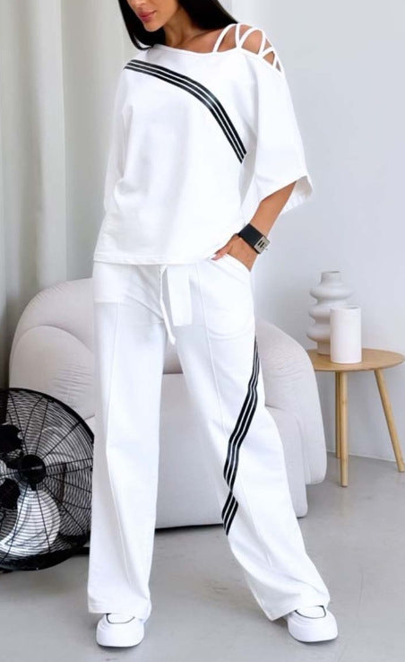 Women's Cut Out Shoulder Lounge Set Wide Leg Pants