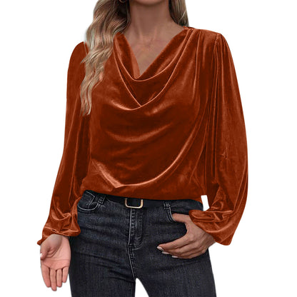 Women's Velvet Cowl Neck Long Sleeve Blouse