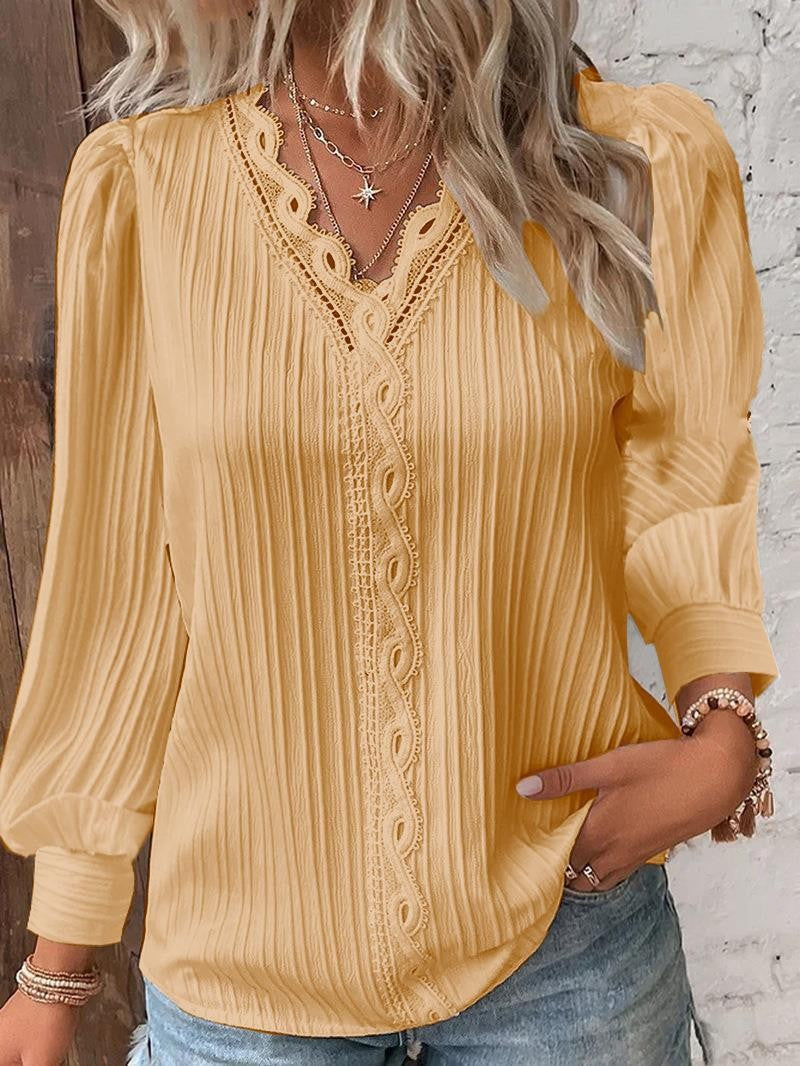 Lace Trim V Neck Blouse Long Sleeve Elegant Top