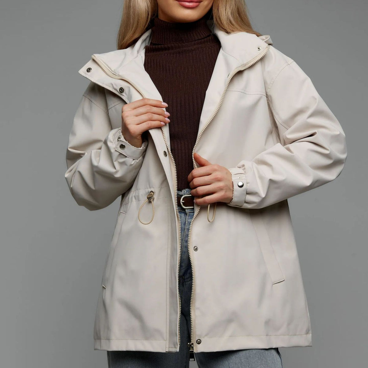 Women's Hooded Drawstring Waist Windbreaker Jacket