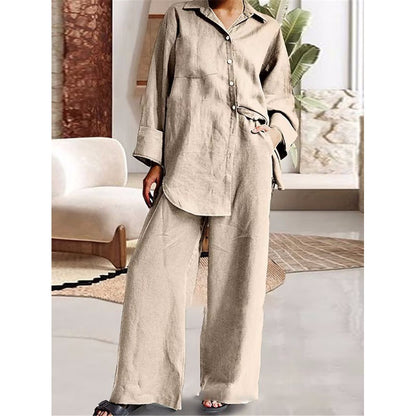 Linen Blend Button Shirt Pants Two Piece Set Casual Outfit