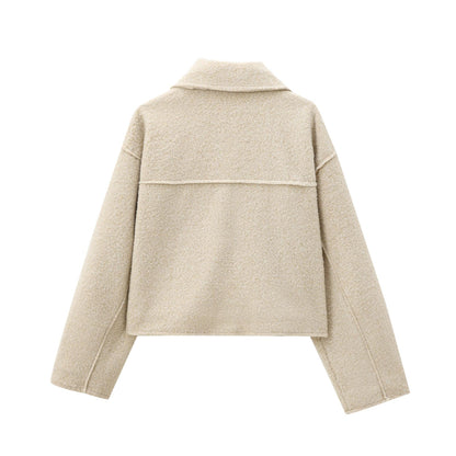 Women's Cropped Boucle Zip Jacket Collar Pocket