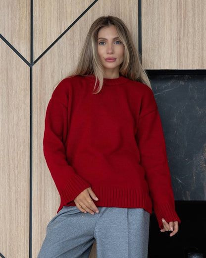 Women's Oversized Crew Neck Solid Knit Pullover Sweater