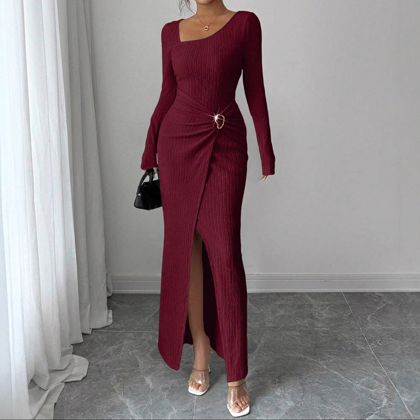 Wine Red Asymmetric Neck Knit Maxi Dress Women