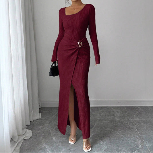 Wine Red Asymmetric Neck Knit Maxi Dress Women
