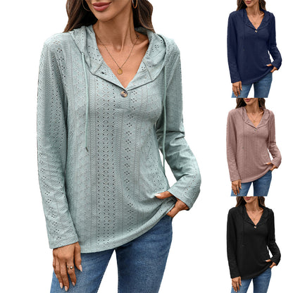 Women's Eyelet Button Hoodie Long Sleeve Tunic Top