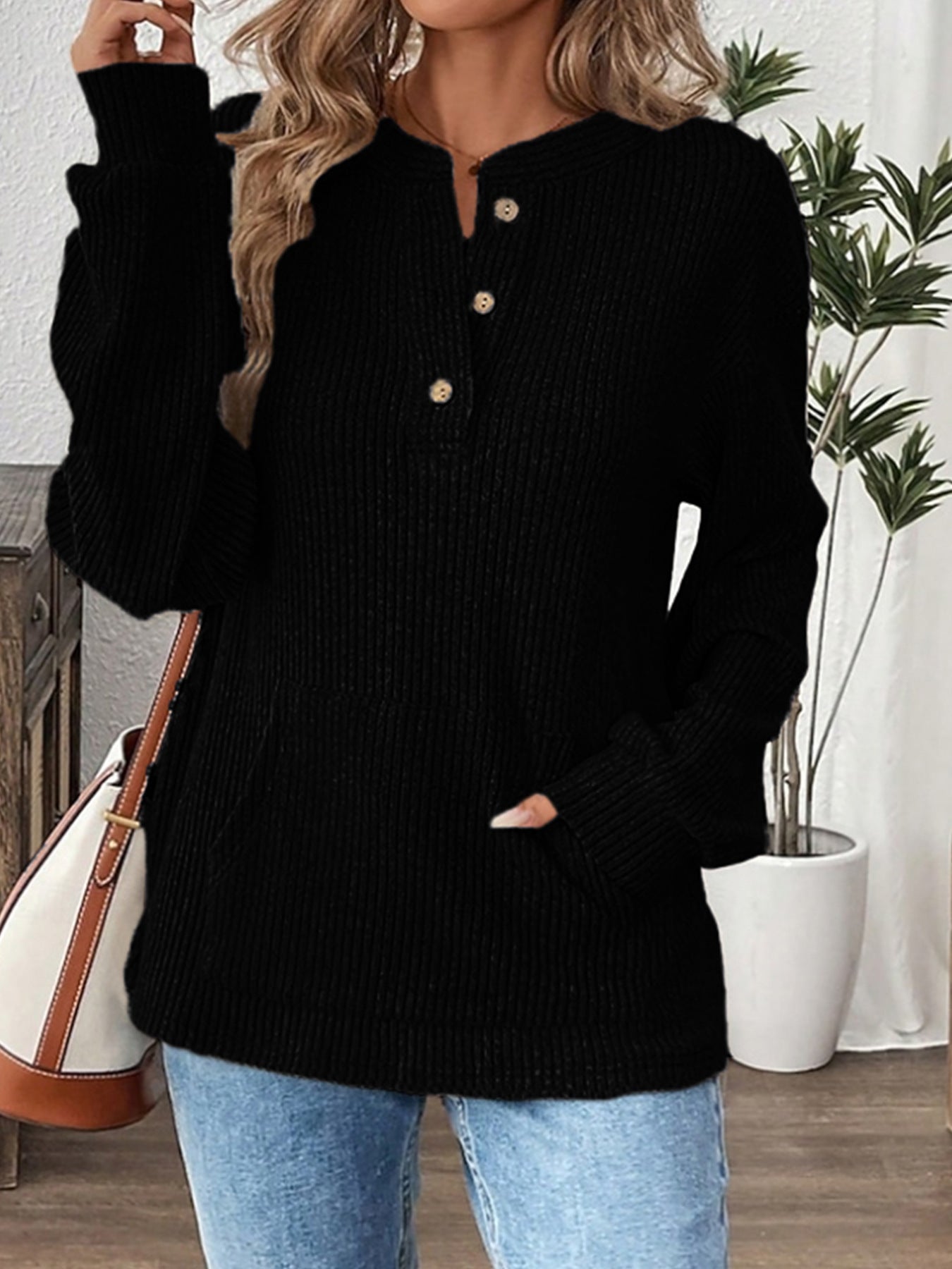 Women's Oversized Ribbed Henley Long Sleeve Top