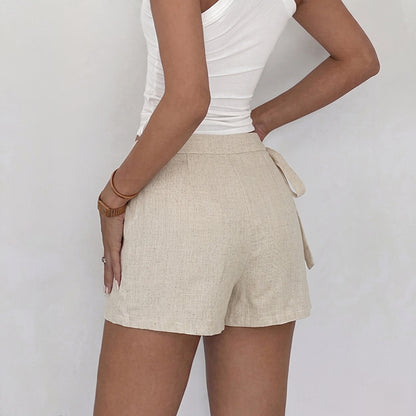 Linen Blend Tie Waist Skort High Waist Wrap Mini Shorts