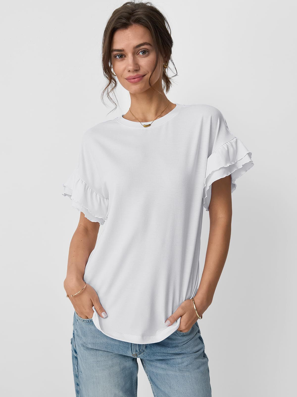 Women’s Ruffle Sleeve Crew Neck Tee Casual Summer Top