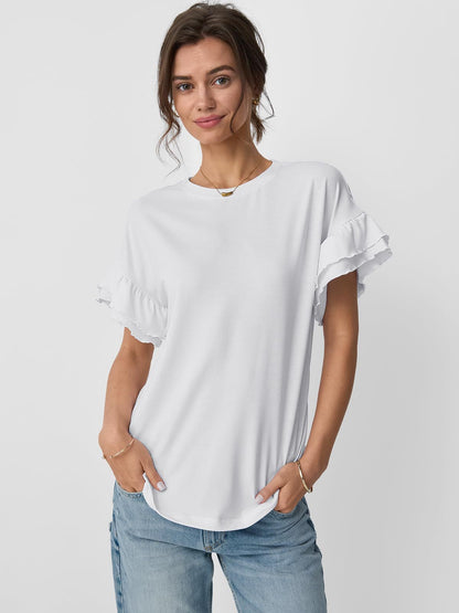 Women’s Ruffle Sleeve Crew Neck Tee Casual Summer Top