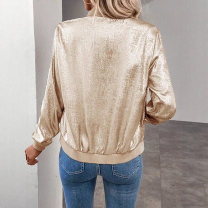 Women's Metallic Satin Bomber Jacket Slim Fit Lightweight