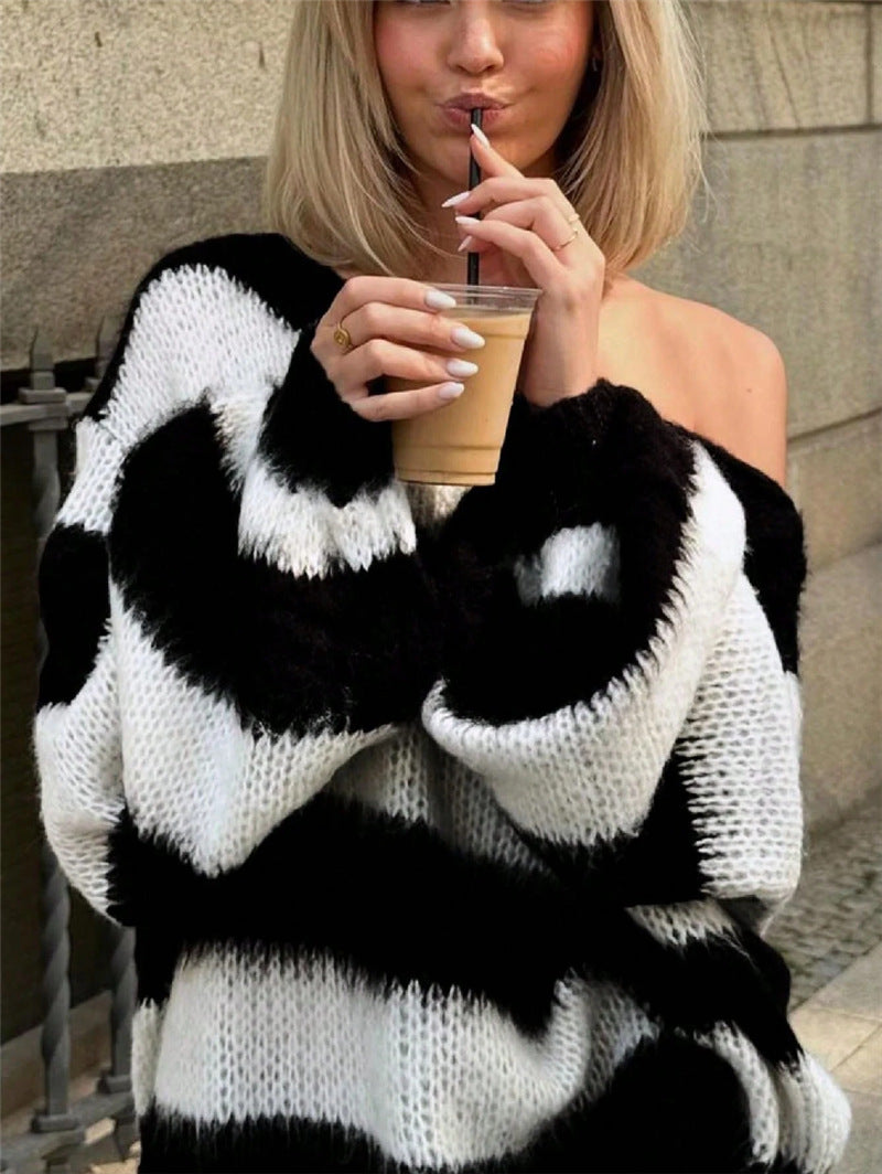 Women's Striped Off Shoulder Oversized Sweater Pullover