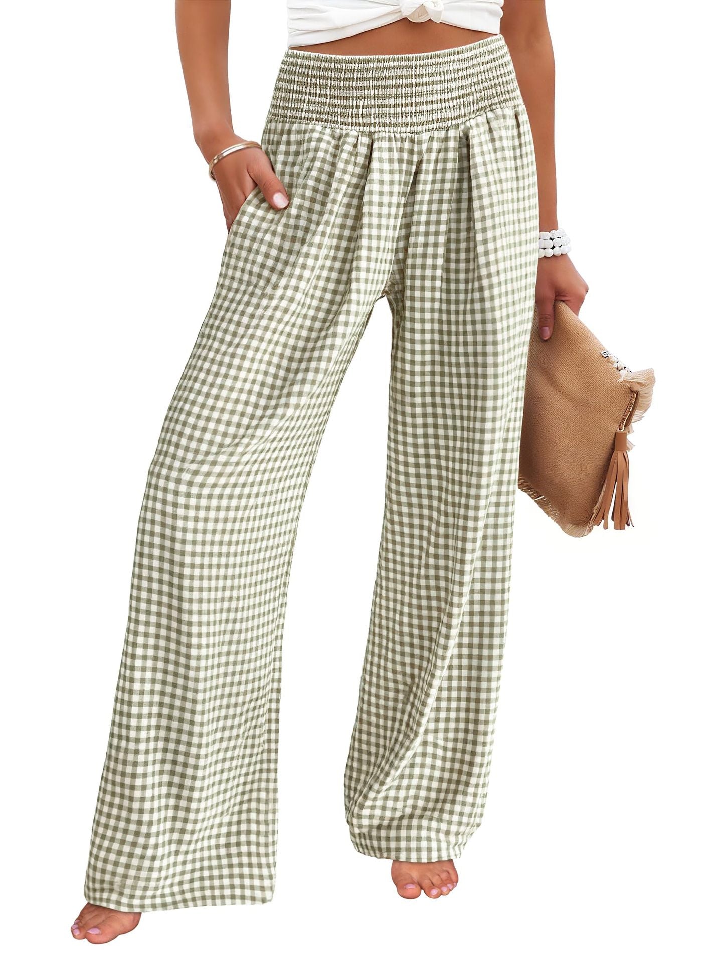 Gingham High Waist Wide Leg Pants with Pockets
