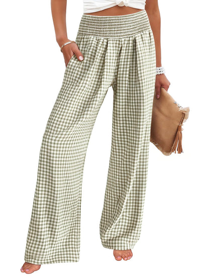 Gingham High Waist Wide Leg Pants with Pockets