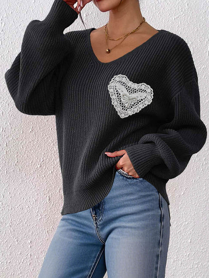 V Neck Knit Pullover Sweater with Lace Heart Detail