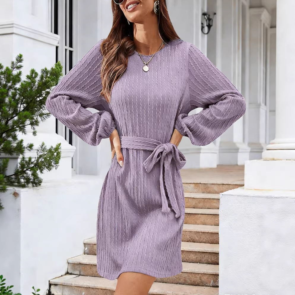 Women's Textured Puff Long Sleeve Tie Waist Mini Dress
