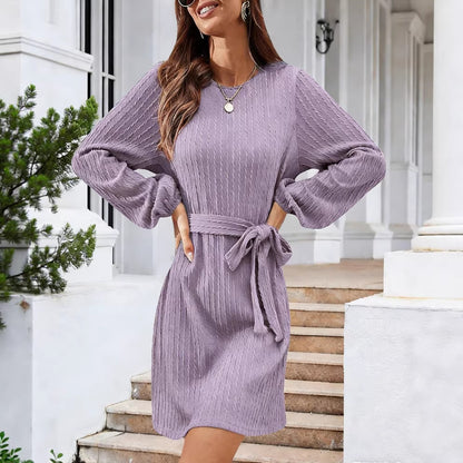 Women's Textured Puff Long Sleeve Tie Waist Mini Dress