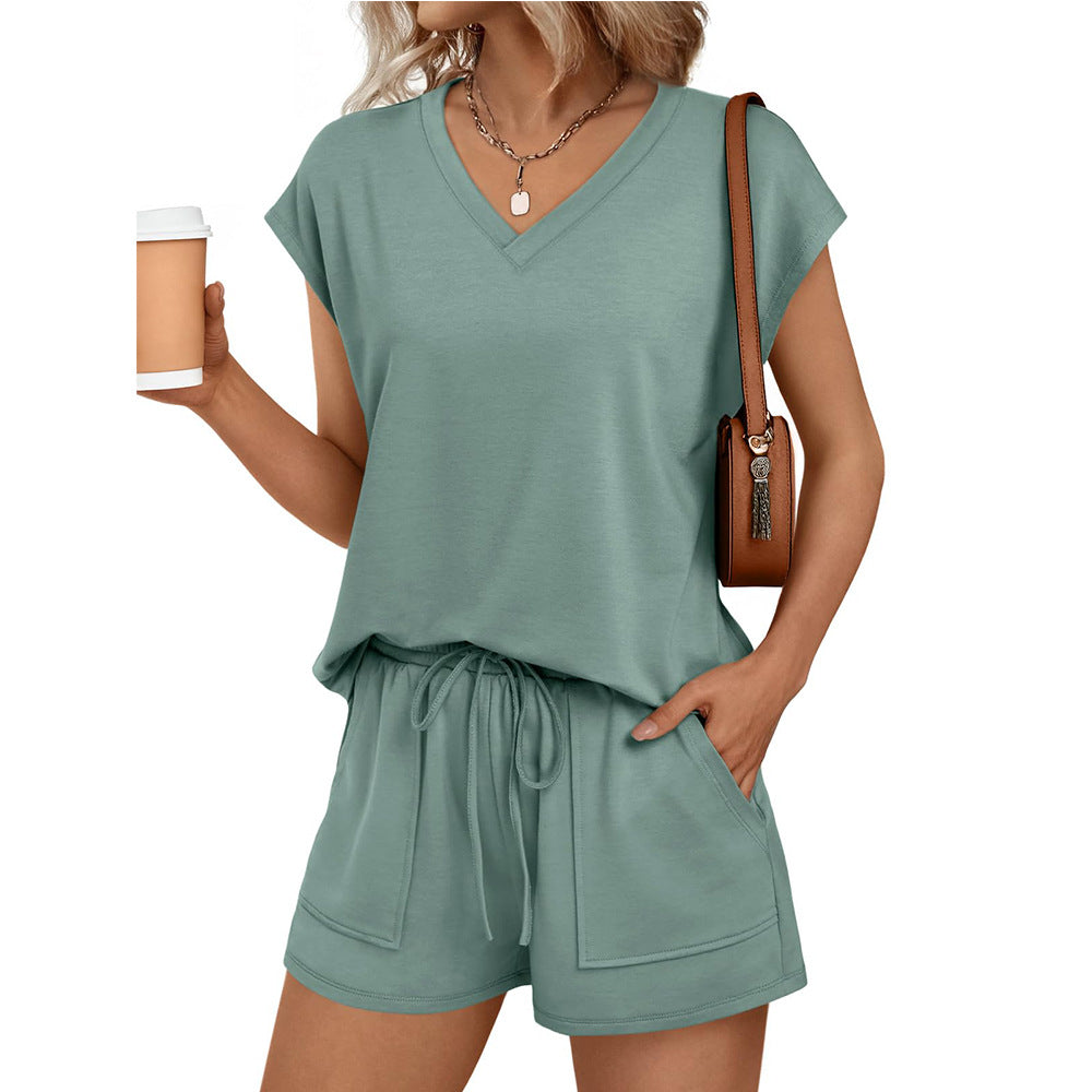 V Neck Casual Lounge Set Short Sleeve Top and Shorts