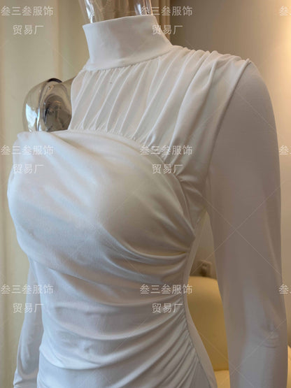 Ruched Off Shoulder Mock Neck Slit Midi Dress