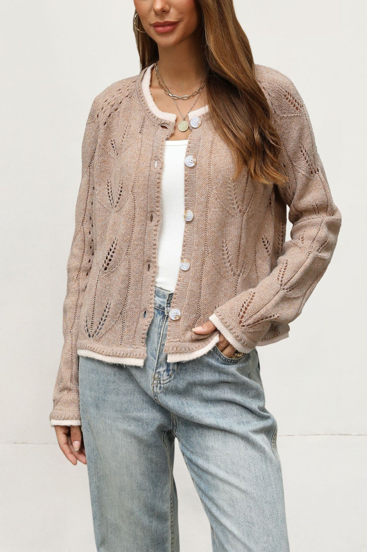 Women's Pointelle Knit Button Cardigan Contrast Trim