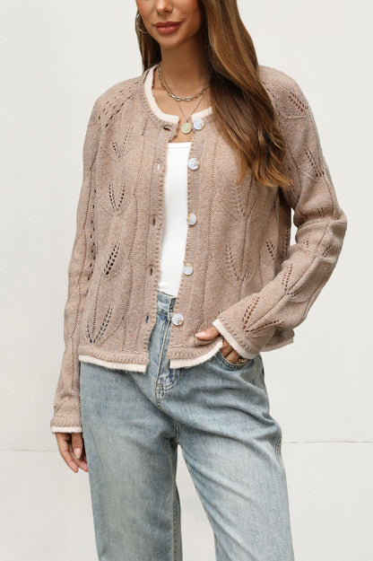 Women's Pointelle Knit Button Cardigan Contrast Trim