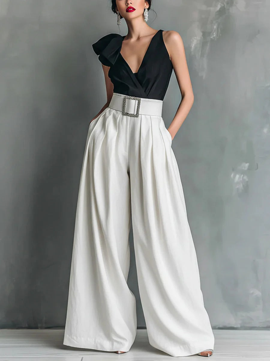 Women's Belted High Waist Wide Leg Work Pants