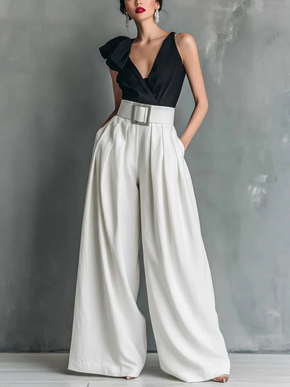 Women's Belted High Waist Wide Leg Work Pants