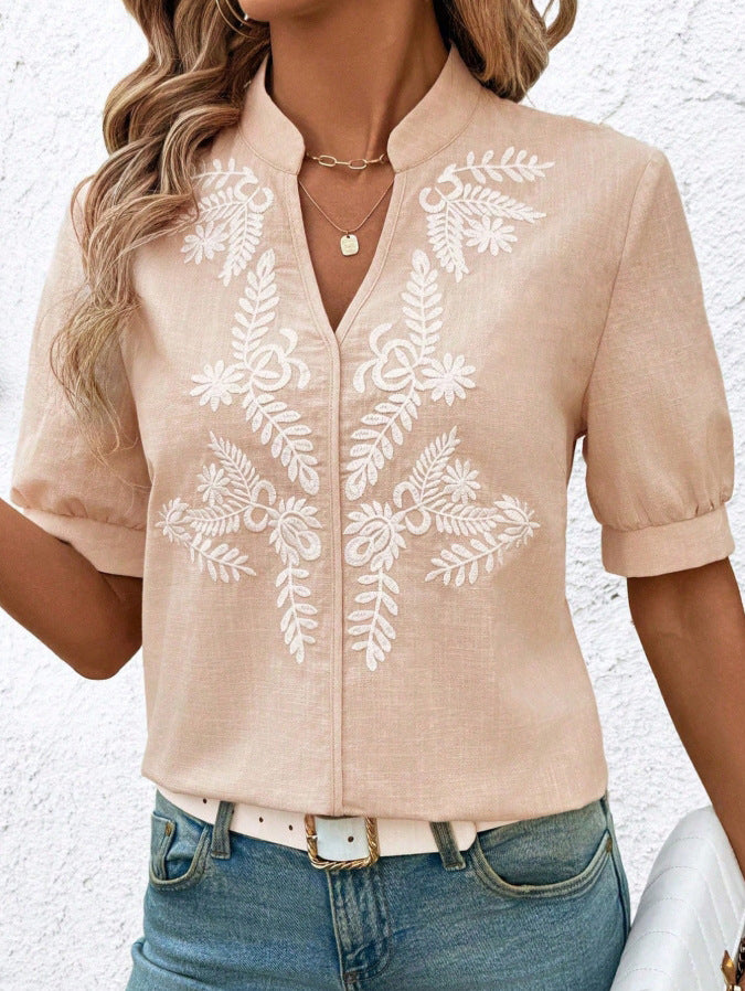 V Neck Embroidered Cotton Blouse Casual Summer Shirt