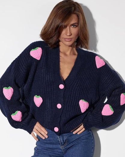 Oversized Chunky Knit Strawberry Cardigan Sweater