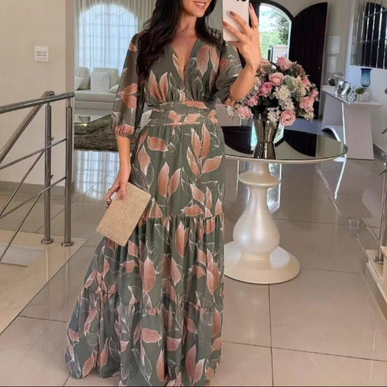 Floral V-Neck Puff Sleeve Tiered Maxi Dress