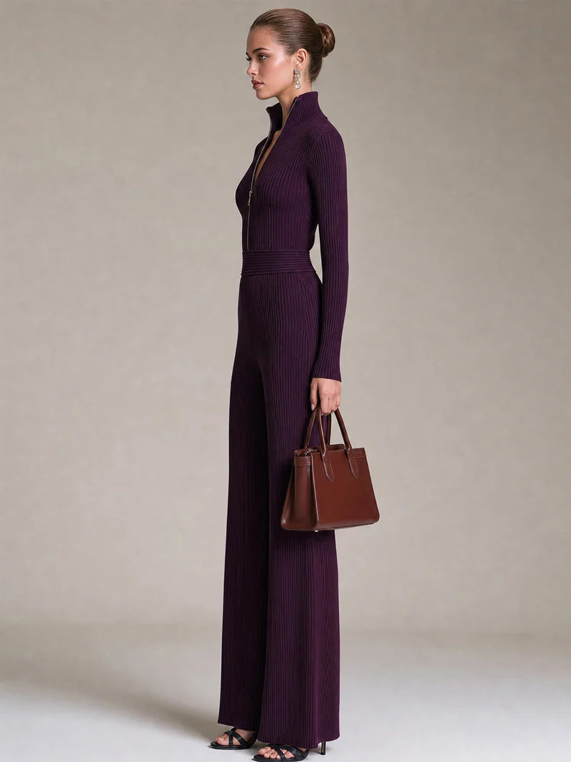 Women's Ribbed Knit Half Zip Wide Leg Jumpsuit