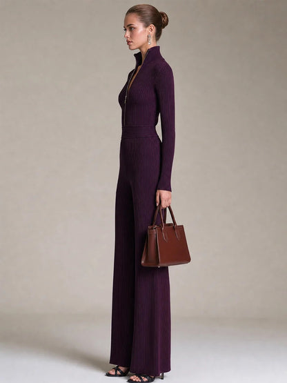 Women's Ribbed Knit Half Zip Wide Leg Jumpsuit