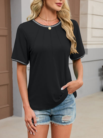 Contrast Trim Round Neck Short Sleeve Casual Tee for Women