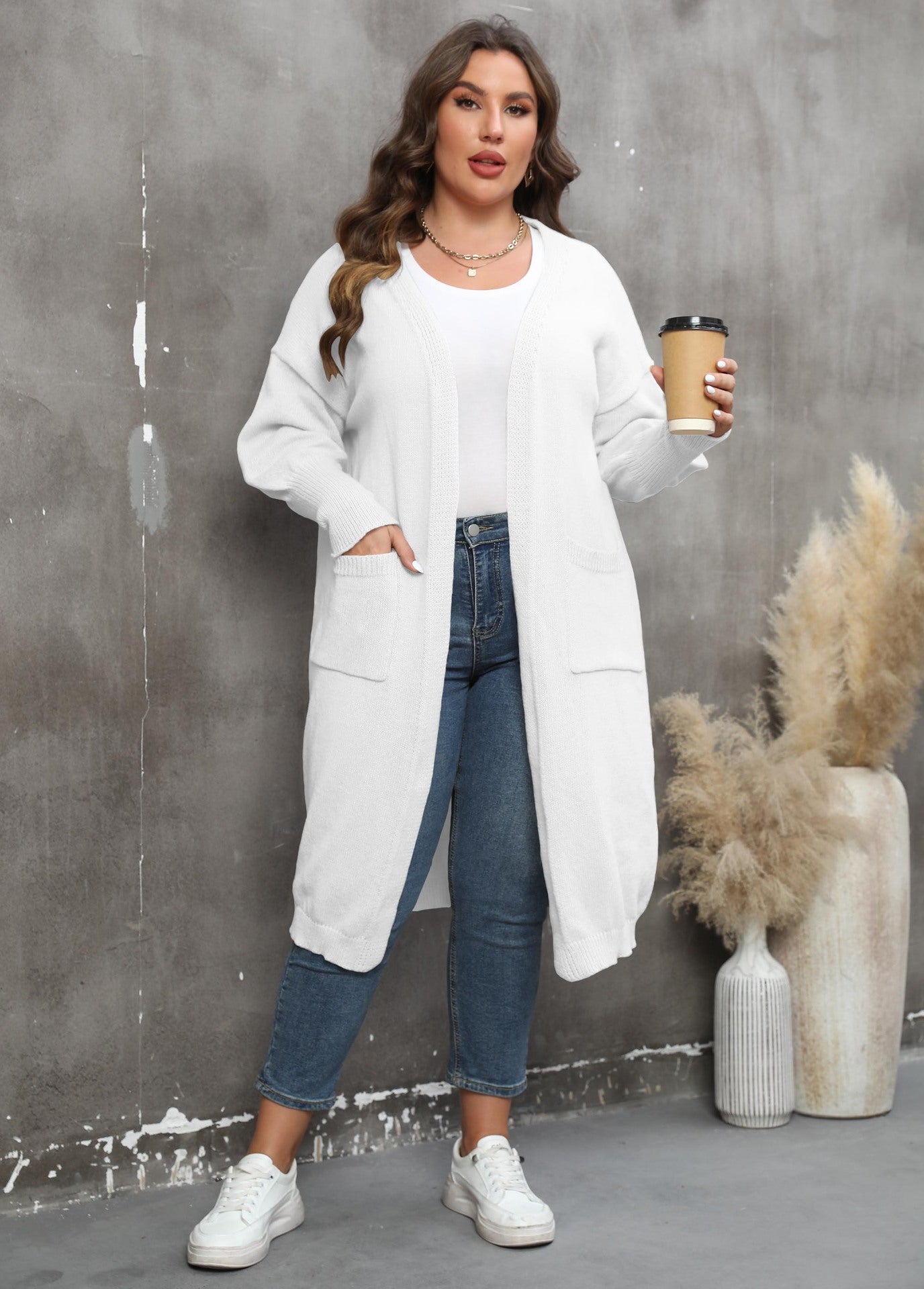 Loose Medium and Long Double Pocket Lantern Sleeve Sweater Cardigan