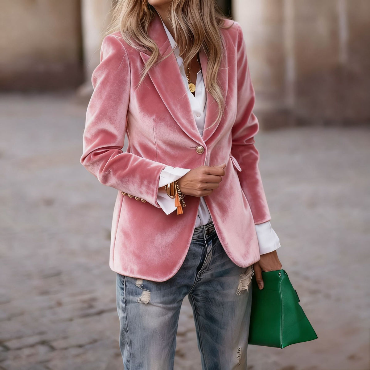Women's Fitted Velvet Blazer Single Button Suit Jacket