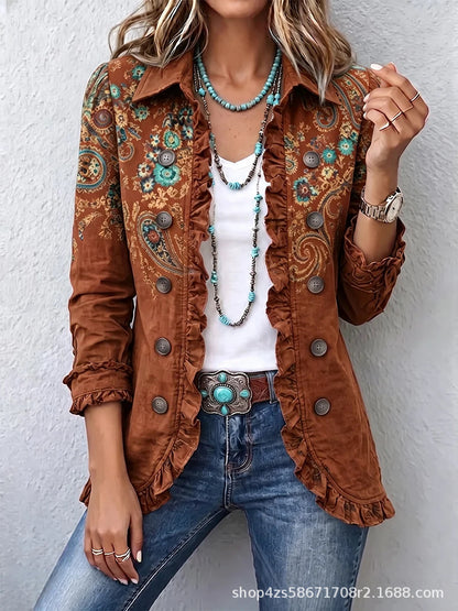 Women's Leopard Ruffle Button Down Long Sleeve Cardigan