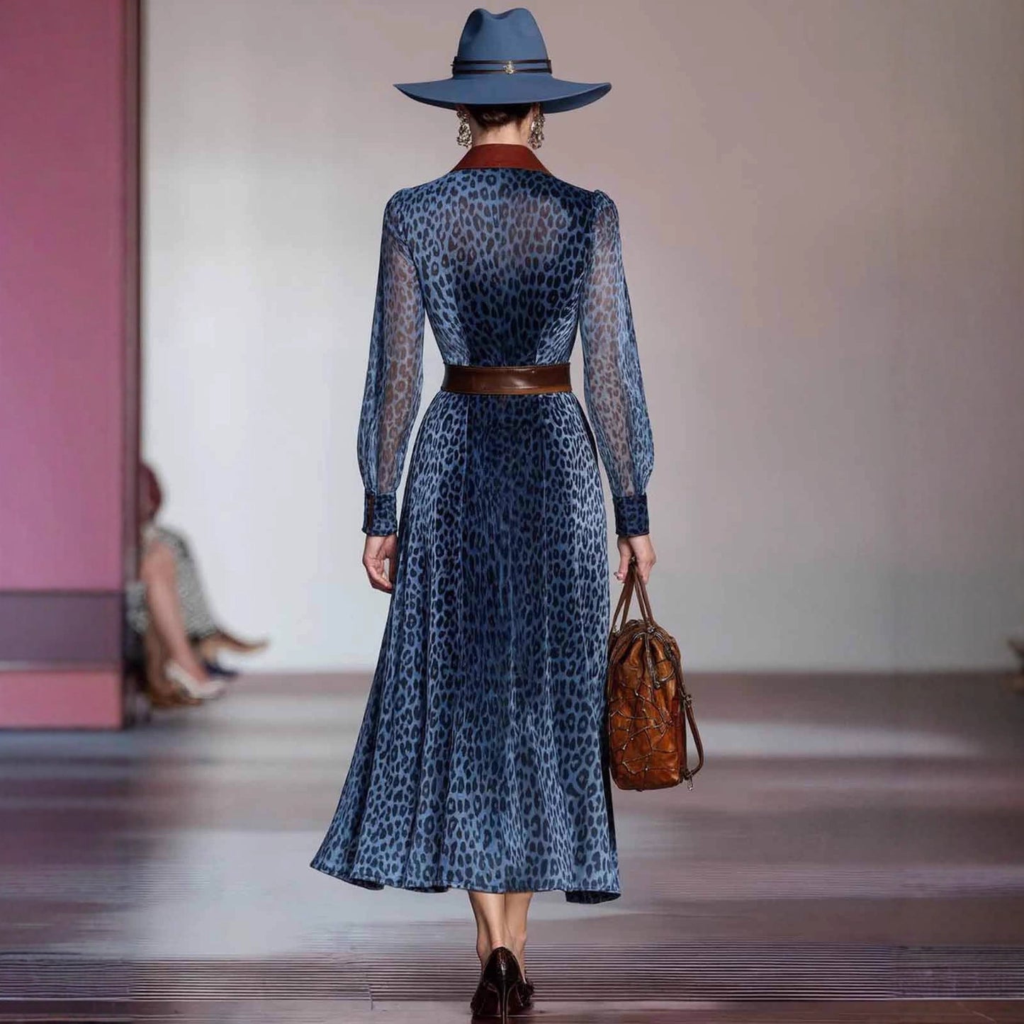 Blue Leopard Print Long Sleeve Shirt Midi Dress