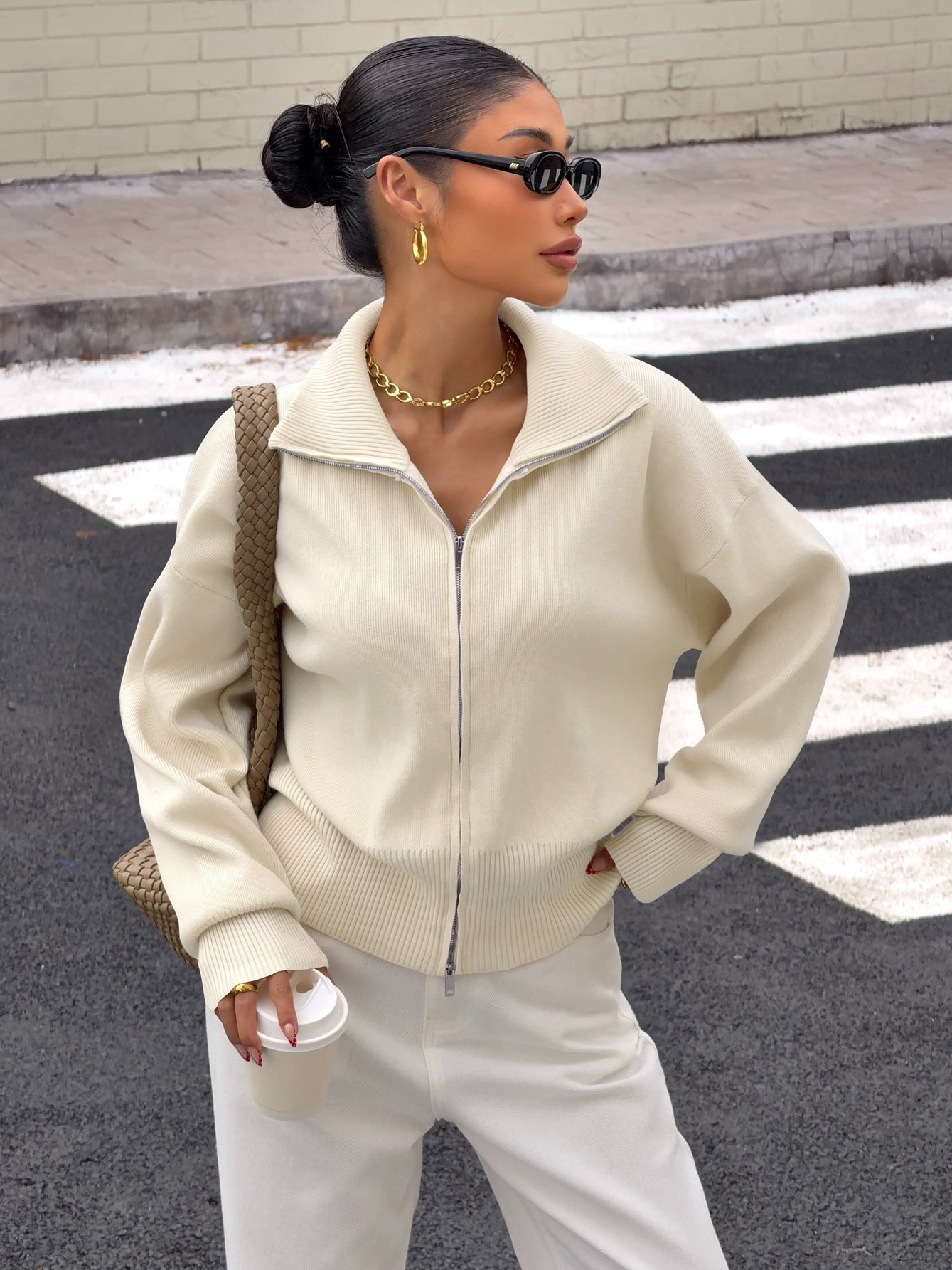 Women's Zip Up Knit Jacket Long Sleeve Casual Cardigan